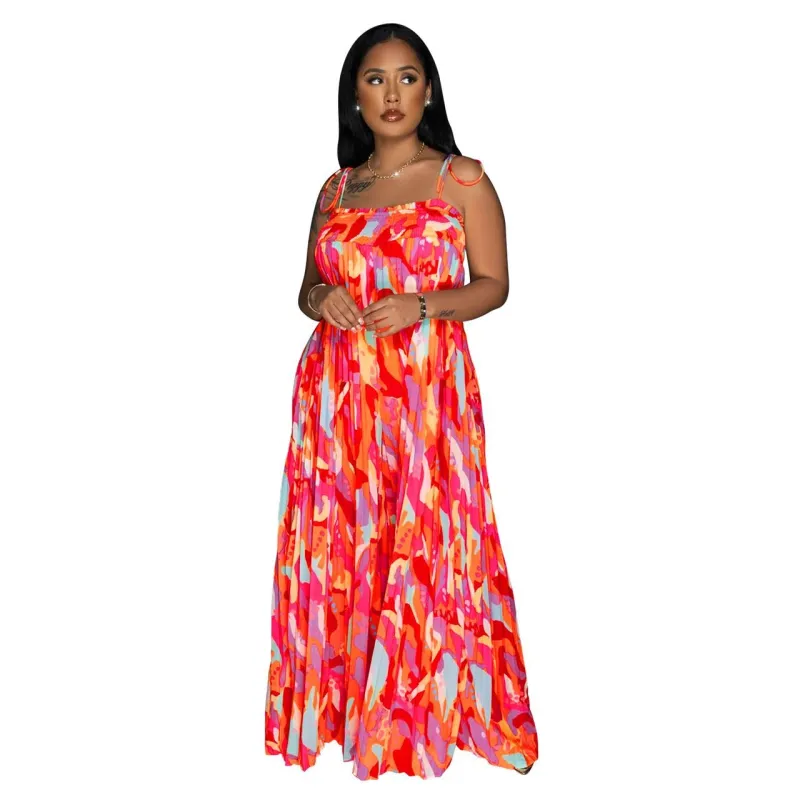 Red Casual Printed Pleated Wide Leg Jumpsuits