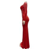 Red Diamonds Velvet Long Sleeve Women Prom Long Dress