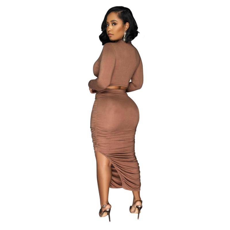 Brown Ruched Split 2 Pieces Formal Midi Dress