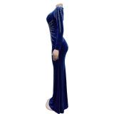 Blue Diamonds Velvet Long Sleeve Women Prom Long Dress
