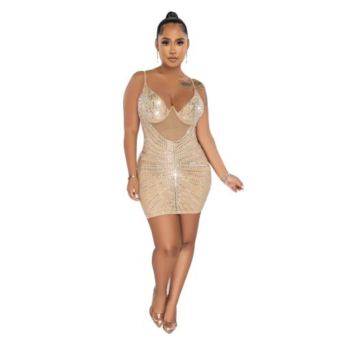 Beige Straps Mesh Bra Underwire Diamonds Bodycon Mini Dress