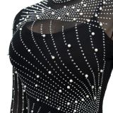 Black Rhinestones 2 Pieces Mesh Luxury Long Dress