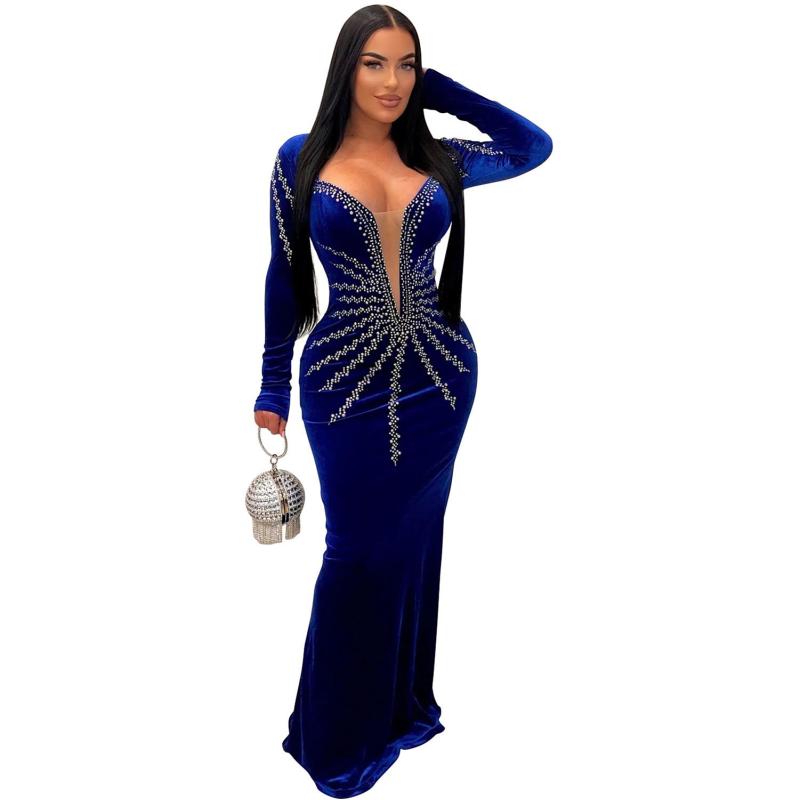 Blue Diamonds Velvet Long Sleeve Women Prom Long Dress