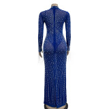 Blue Rhinestones 2 Pieces Mesh Luxury Long Dress