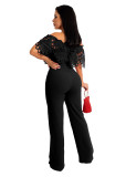 Off-Shoulder Hollow out Lace Ruffles Jumpsuit