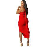 Red Tight Pleated Sleeveless Irregular Midi Dress
