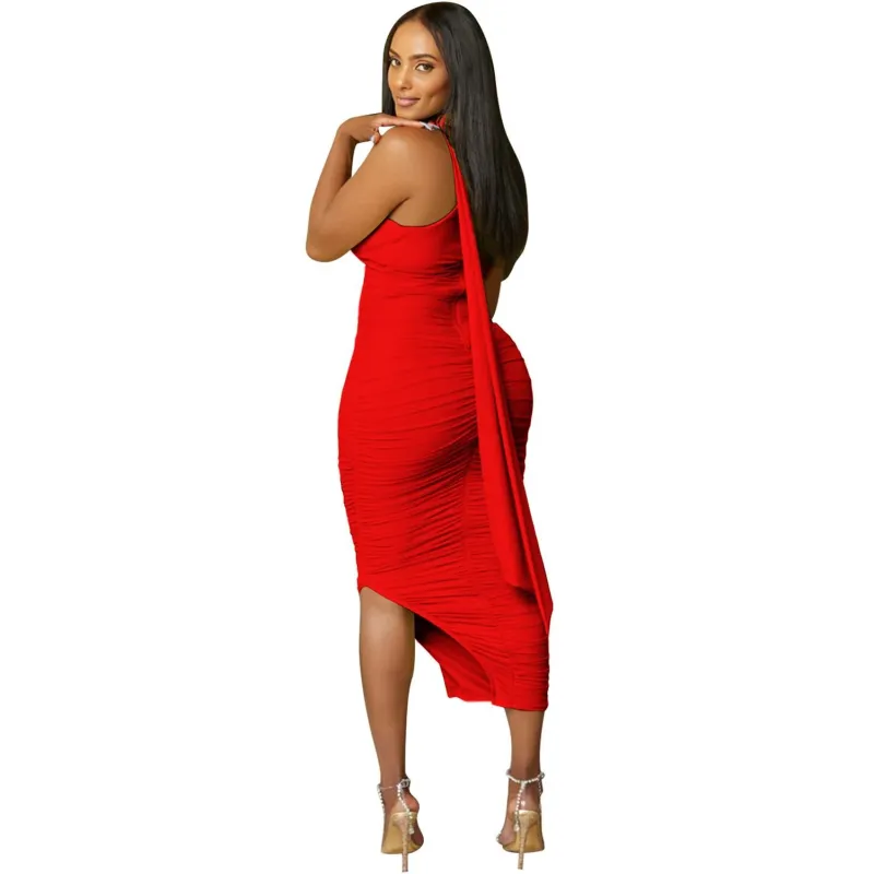 Red Tight Pleated Sleeveless Irregular Midi Dress