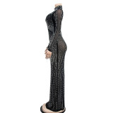 Black Rhinestones 2 Pieces Mesh Luxury Long Dress