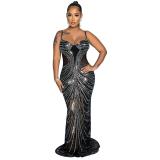 Straps Rhinestones Luxury Evening Formal Long Dress