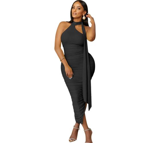 Black Tight Pleated Sleeveless Irregular Midi Dress