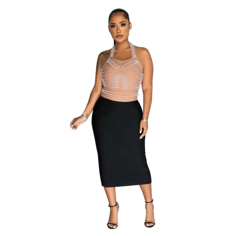 Black Mesh Rhinestones Halter Midi Dress