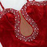 Red Straps Mesh Low Cut Velvet Diamonds Evening Long Dress