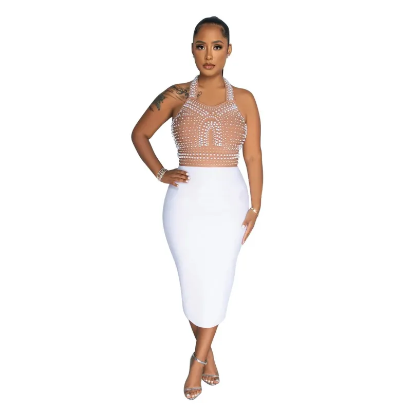 White Mesh Rhinestones Halter Midi Dress