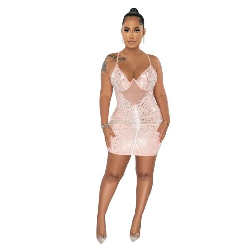 Pink Straps Mesh Bra Underwire Diamonds Bodycon Mini Dress