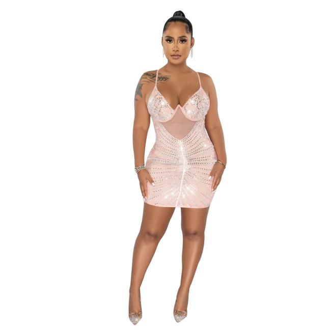Pink Straps Mesh Bra Underwire Diamonds Bodycon Mini Dress