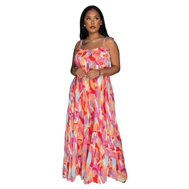 Pink Casual Printed Pleated Wide Leg Jumpsuits
