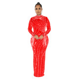 Red Rhinestones 2 Pieces Mesh Luxury Long Dress