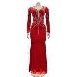 Red Diamonds Velvet Long Sleeve Women Prom Long Dress