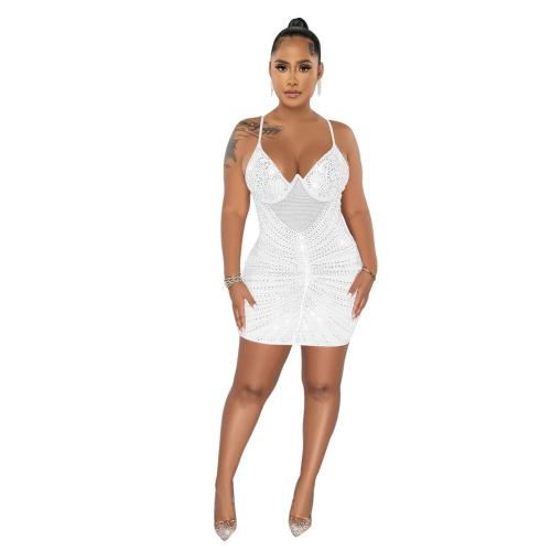White Straps Mesh Bra Underwire Diamonds Bodycon Mini Dress