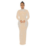 Beige Rhinestones 2 Pieces Mesh Luxury Long Dress