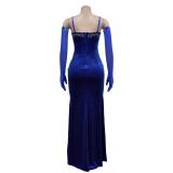 Blue Straps Mesh Low Cut Velvet Diamonds Evening Long Dress
