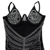 Black Straps Mesh Bra Underwire Diamonds Bodycon Mini Dress
