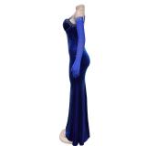 Blue Straps Mesh Low Cut Velvet Diamonds Evening Long Dress