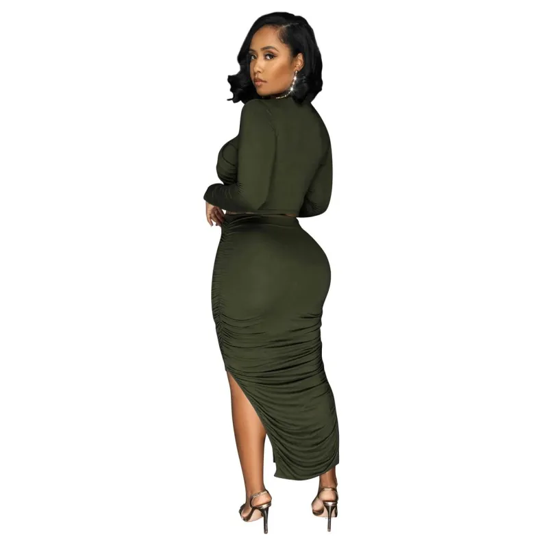 Green Ruched Split 2 Pieces Formal Midi Dress