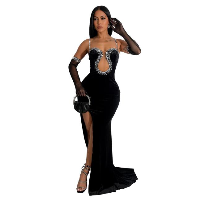 Black Straps Mesh Low Cut Velvet Diamonds Evening Long Dress