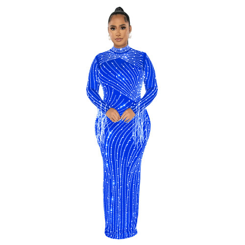 Blue Rhinestones 2 Pieces Mesh Luxury Long Dress