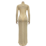 Beige Rhinestones 2 Pieces Mesh Luxury Long Dress