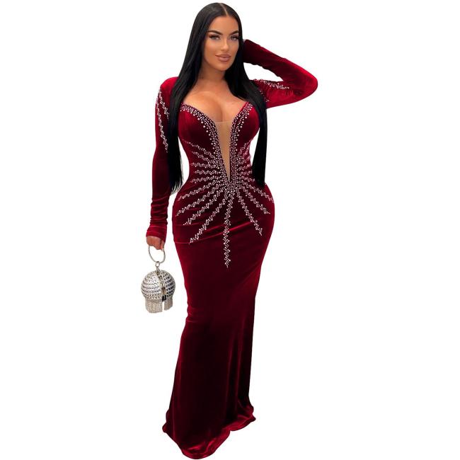 Claret Diamonds Velvet Long Sleeve Women Prom Long Dress