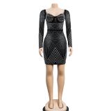 Black Elegant Mesh Party Dance Diamonds Mini Dress