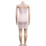 Pink Straps Mesh Bra Underwire Diamonds Bodycon Mini Dress