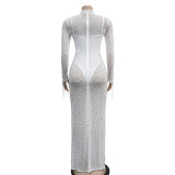 White Rhinestones 2 Pieces Mesh Luxury Long Dress