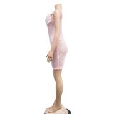 Pink Straps Mesh Bra Underwire Diamonds Bodycon Mini Dress