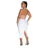 White Mesh Rhinestones Halter Midi Dress