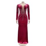 Claret Diamonds Velvet Long Sleeve Women Prom Long Dress