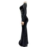 Black Diamonds Velvet Long Sleeve Women Prom Long Dress