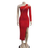 Red Sloping One Sleeve Cut Out Mesh Sexy Party Midi Dress