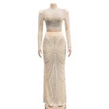 Beige Luxury Mesh Rhinestones 2 Peices Evening Long Dress