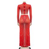 Red Luxury Mesh Rhinestones 2 Peices Evening Long Dress