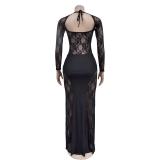 Black  Lace Hollow Straps Sexy Formal Evening Long Dress