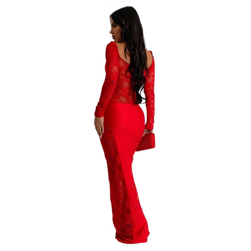 Red  Lace Hollow Straps Sexy Formal Evening Long Dress