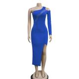 Blue Sloping One Sleeve Cut Out Mesh Sexy Party Midi Dress