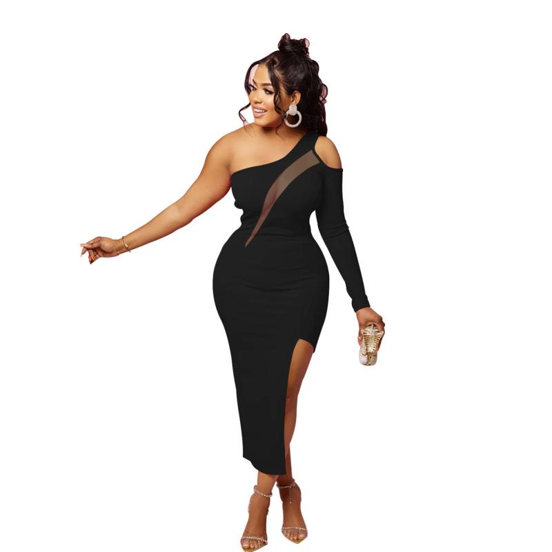 Black Sloping One Sleeve Cut Out Mesh Sexy Party Midi Dress
