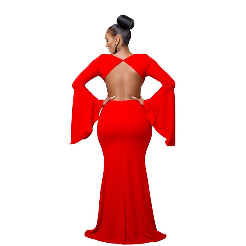 Red Women's Low Cut Flare Prom Evening Maxi Dress