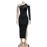 Black Sloping One Sleeve Cut Out Mesh Sexy Party Midi Dress