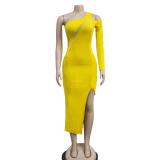 Yellow Sloping One Sleeve Cut Out Mesh Sexy Party Midi Dress