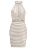 Beige Halter Crop Tops Striped Two Piece Bandage Mini Dress
